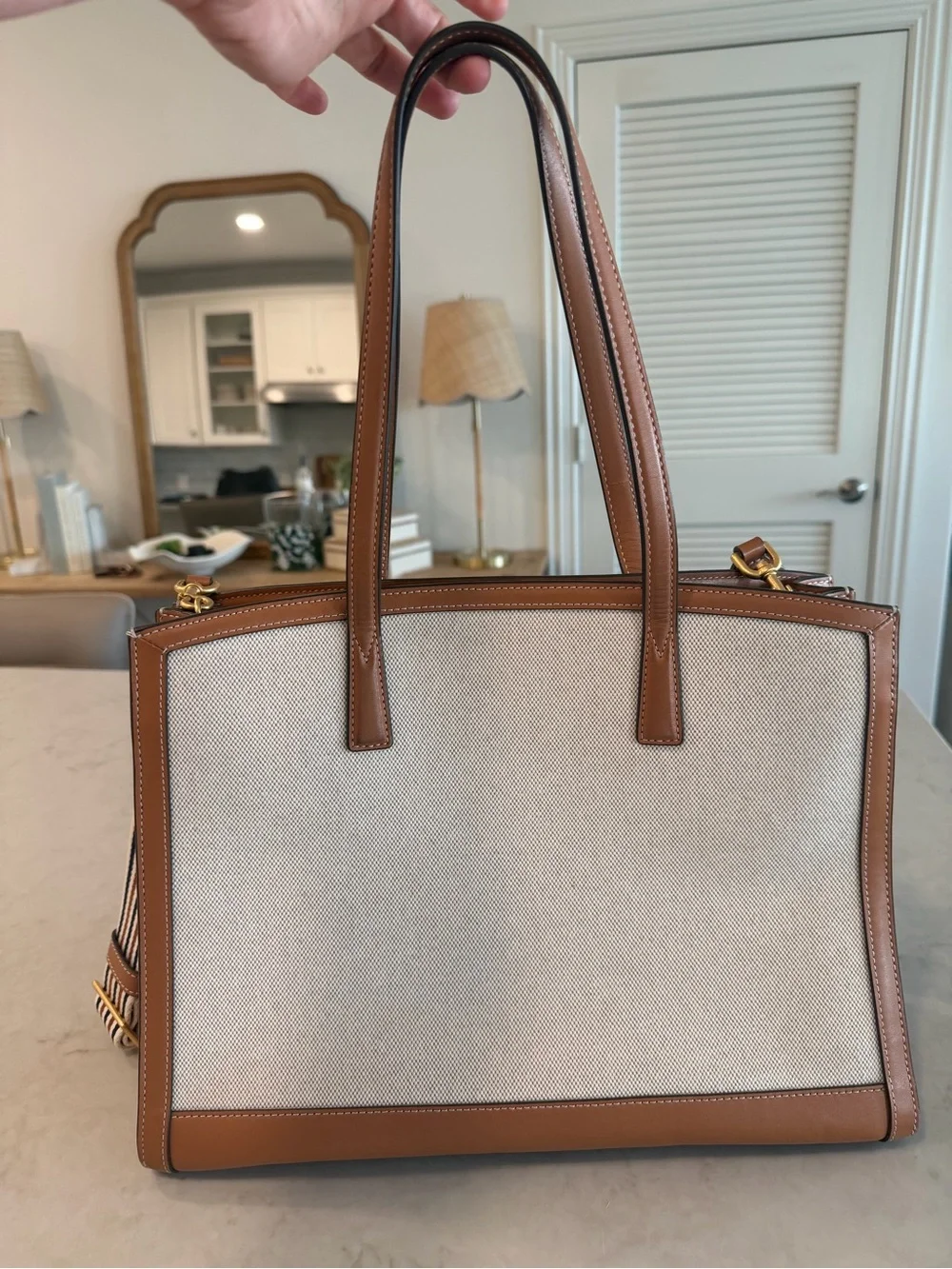 Tory Burch Neutral Canvas Tote with Tan Leather Trim and Striped Strap
